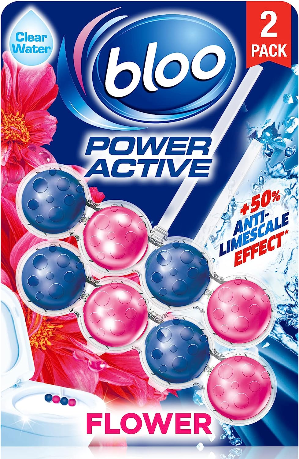 BLOO Power Active Clear Water Toilet Rim Block Flowers x2 - Clean toilet bowl with every flush